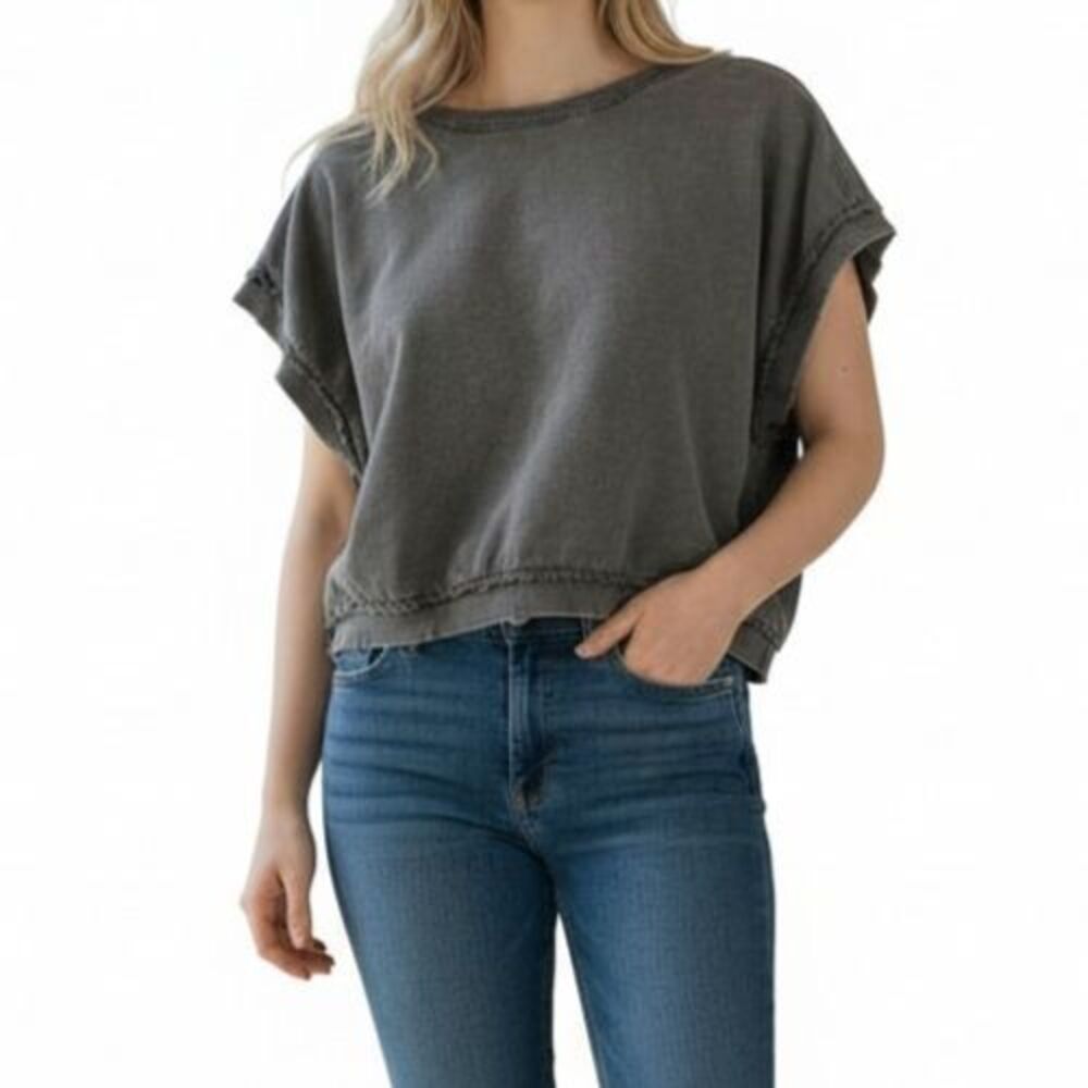 Anthropologie PILCRO Cropped Sweatshirt Women Small Acid Washed Gray Pullover